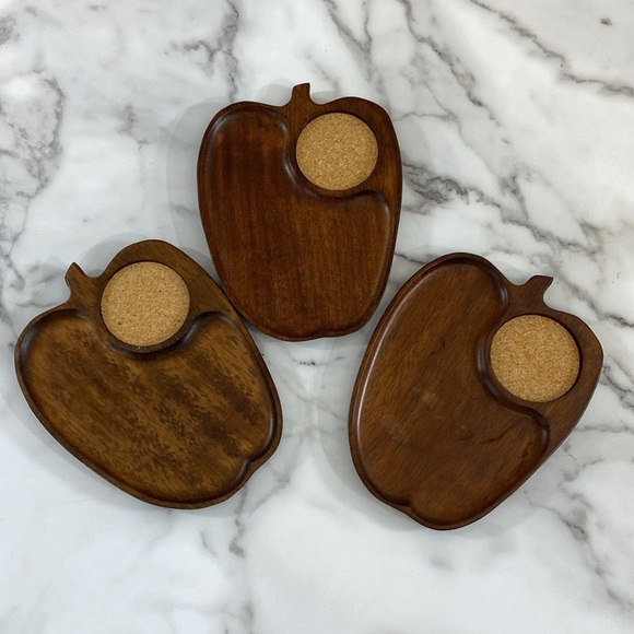 Vintage Gail Craft Quality Woodenware Matoawood Snack Set Of 3 Apple Shape Tray - Picture 5 of 7